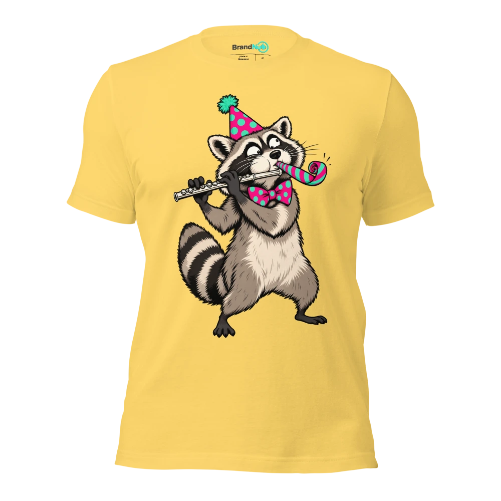 Raccoon trying to play a flute while wearing a party blower T Shirt Yellow Front