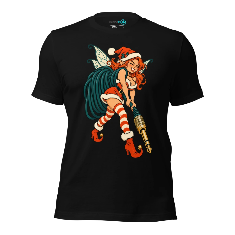 A festive fairy hauling an amplifier cable larger than itself T Shirt Black Front