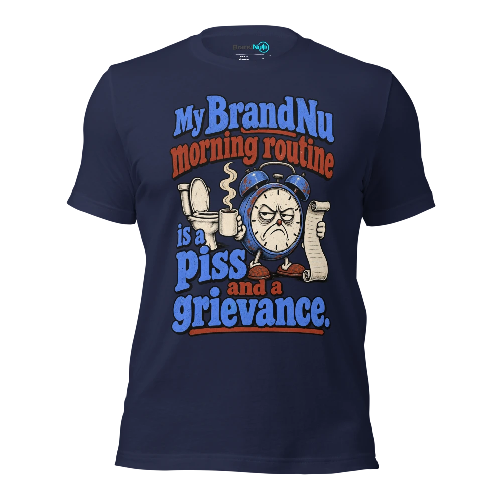 My BrandNu morning routine is a piss and a grievance T Shirt Navy Front