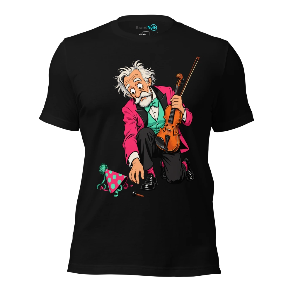 Older musician kneeling beside a dropped violin peg and party hat T-SHIRT