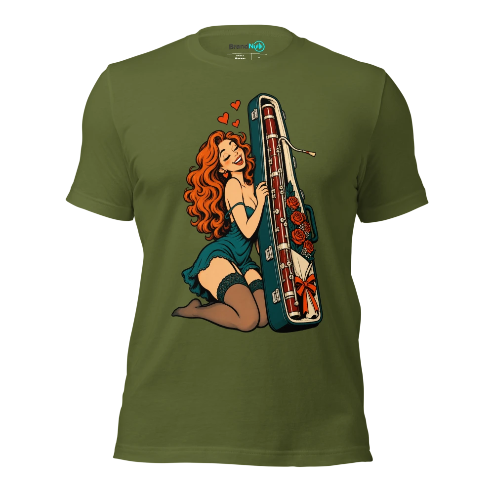 Rose bouquet peeking from a bassoon case T Shirt Olive Front