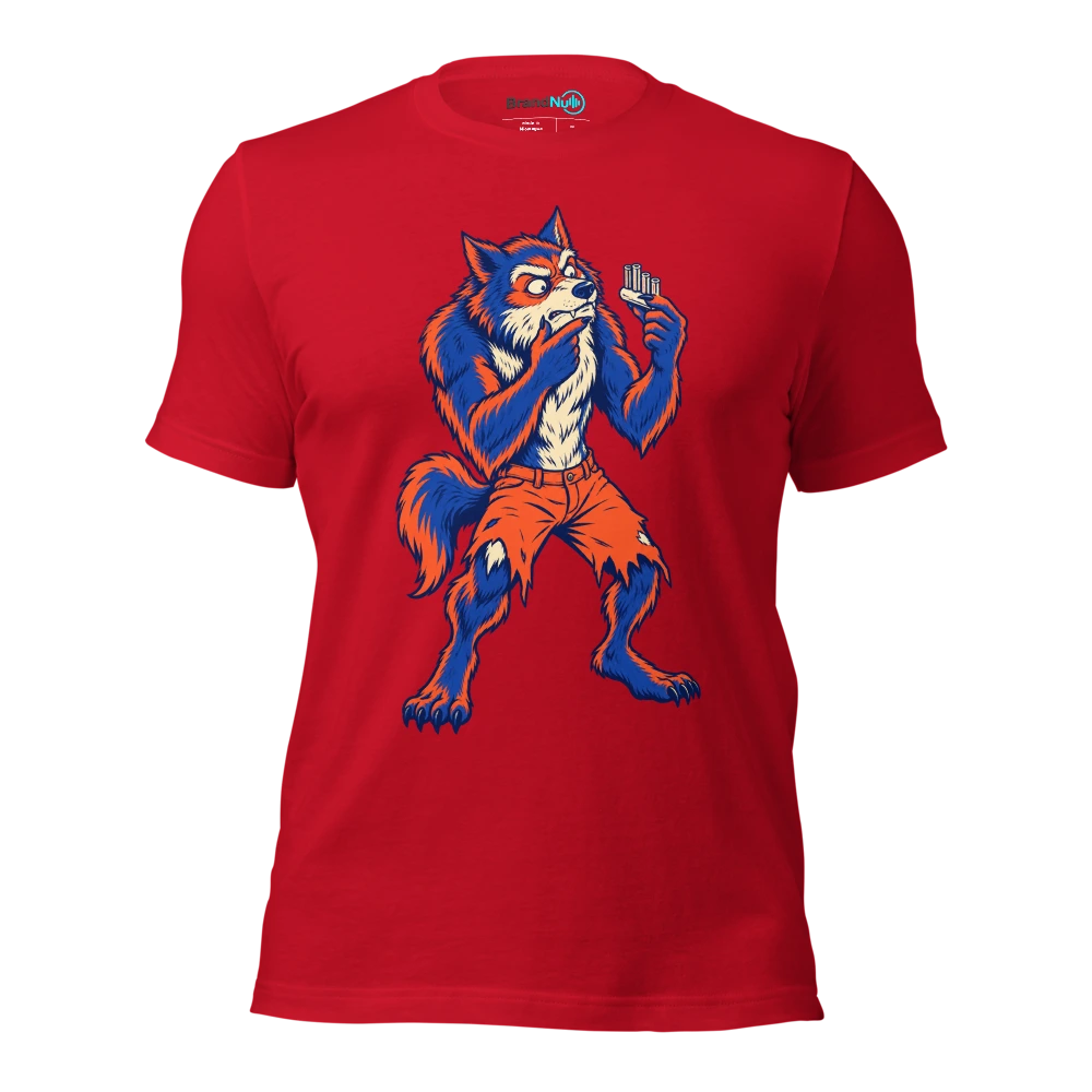 Werewolf studying a pitch pipe as if it is a dog whistle T Shirt Red Front