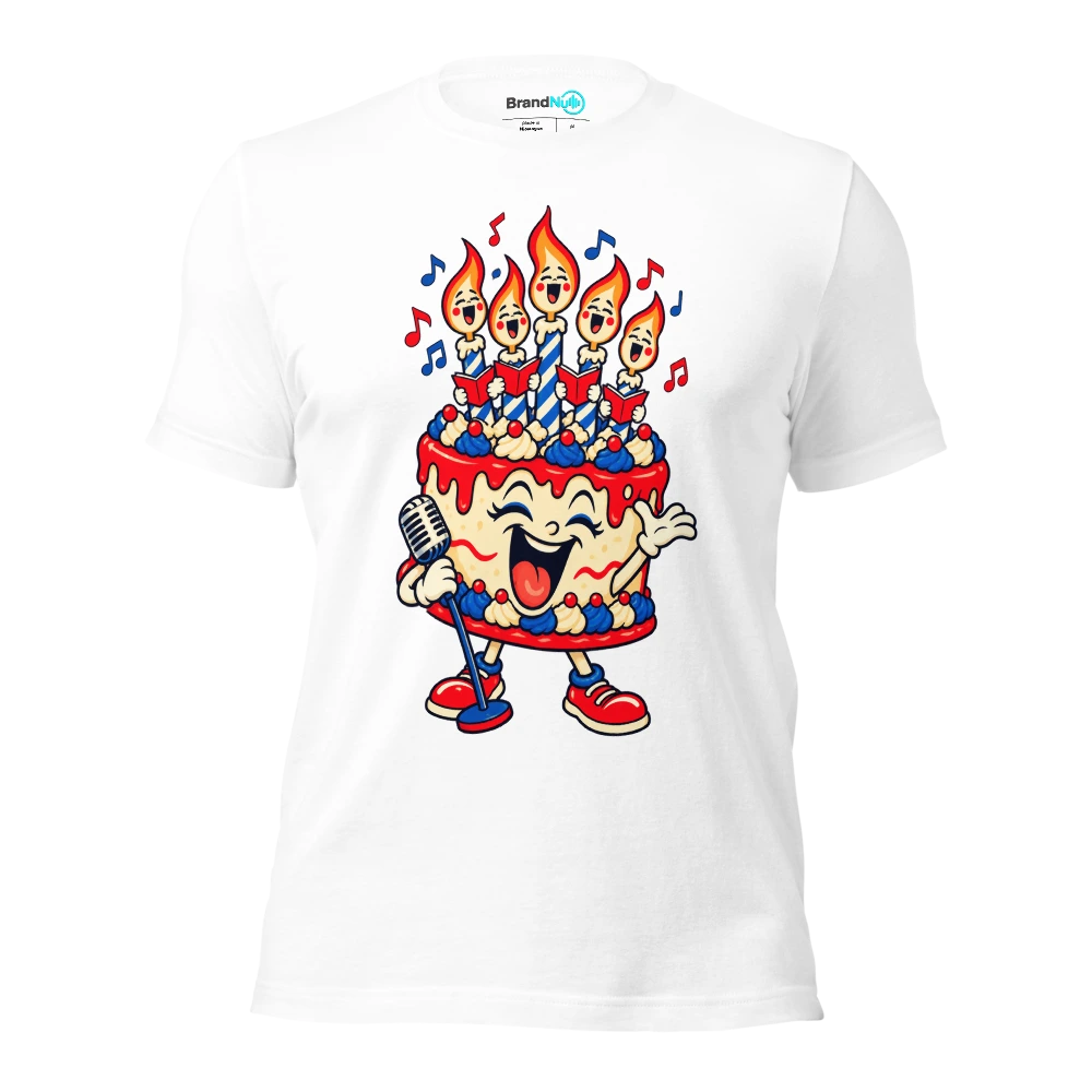 A birthday cake using candle flames as a tiny choir T Shirt White Front