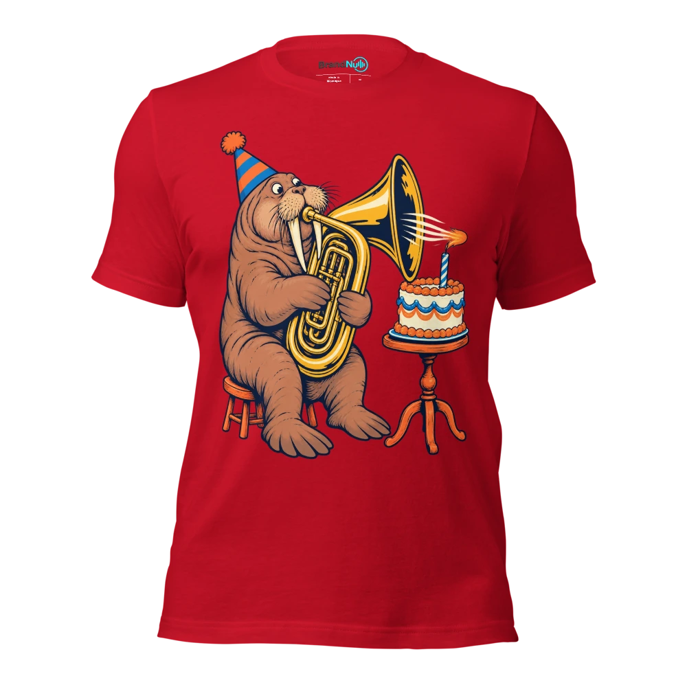 Birthday walrus trying to blow a candle through a tuba T Shirt Red Front