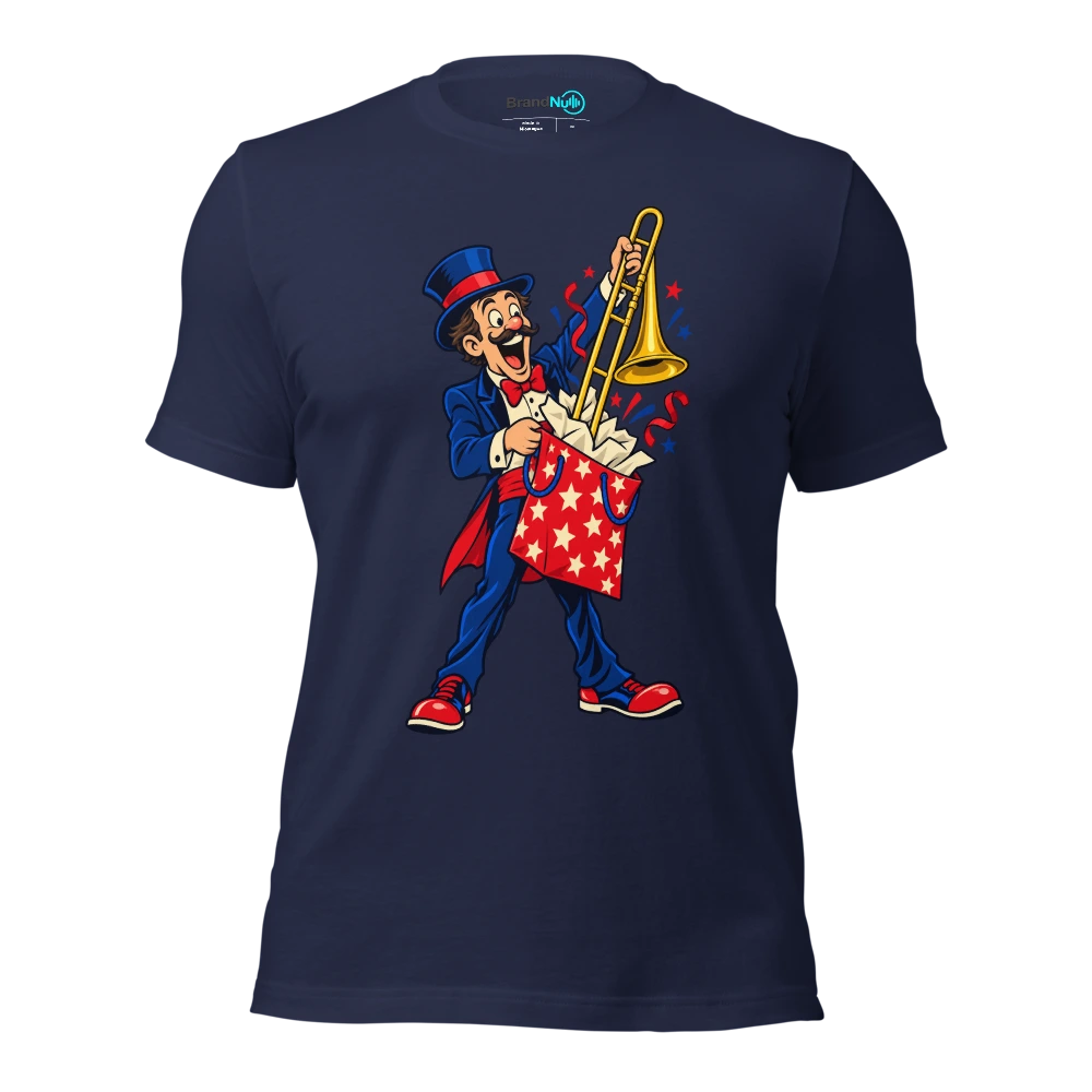 A birthday magician pulling a trombone out of a gift bag T Shirt Navy Front