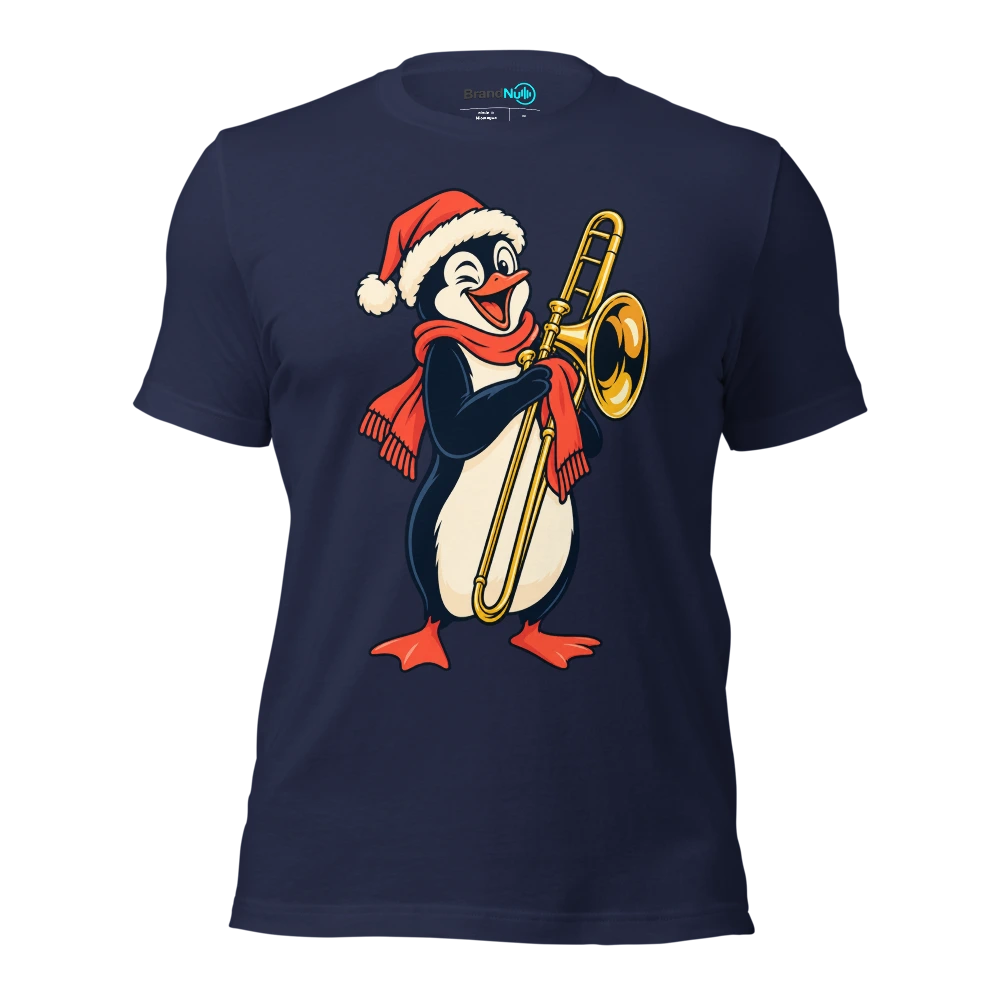 A penguin polishing a brass trombone with a scarf T Shirt Navy Front