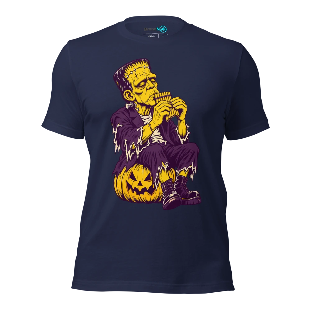 Monster carefully blowing across a tiny panpipe T Shirt Navy Front