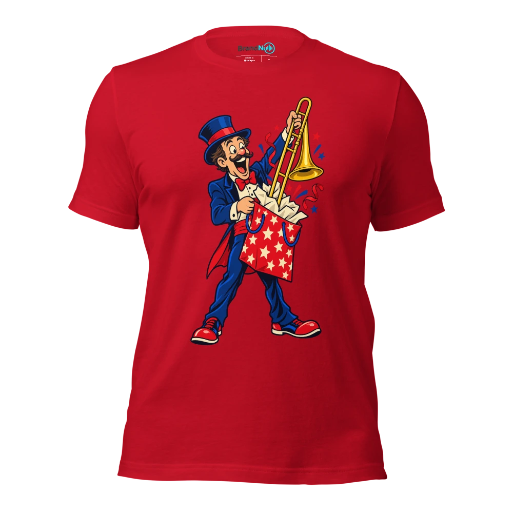 A birthday magician pulling a trombone out of a gift bag T Shirt Red Front