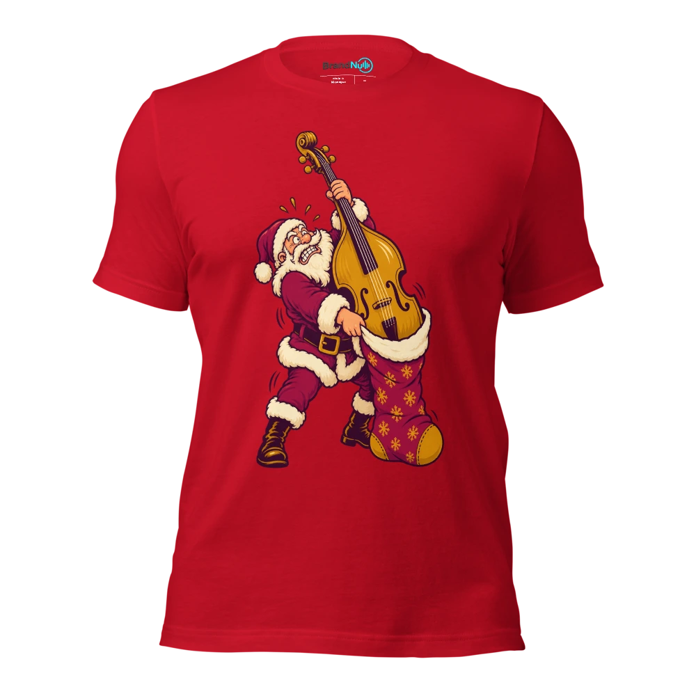 Santa struggling to fit an enormous double bass into a small stocking T Shirt Red Front
