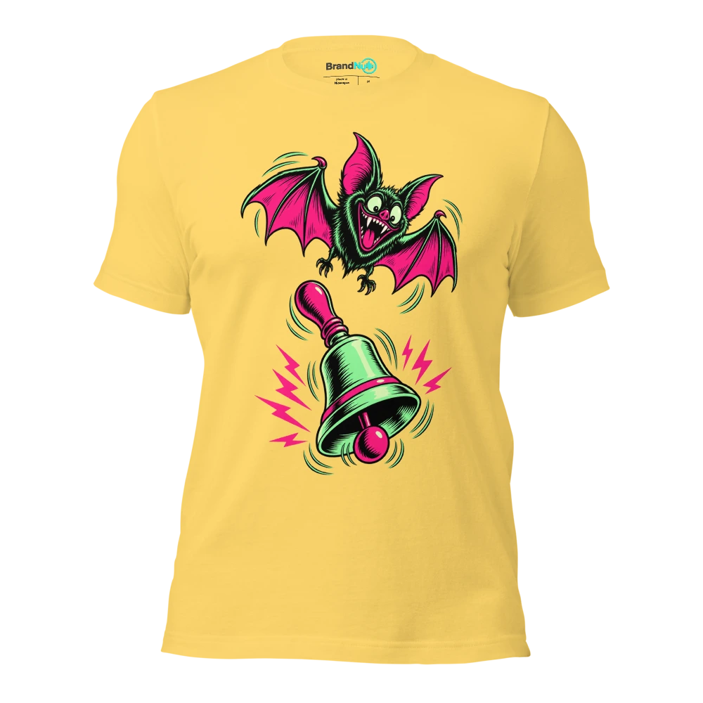 Bat flapping above a single loudly ringing handbell T Shirt Yellow Front