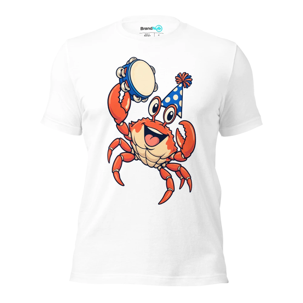 A crab proudly presenting a birthday tambourine T Shirt White Front