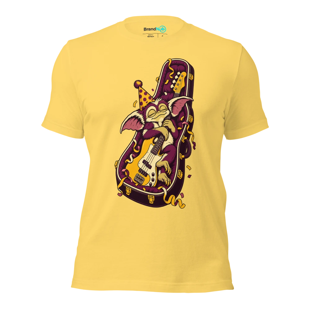An original tiny gremlin napping inside a bass guitar case wearing a party hat T Shirt Yellow Front