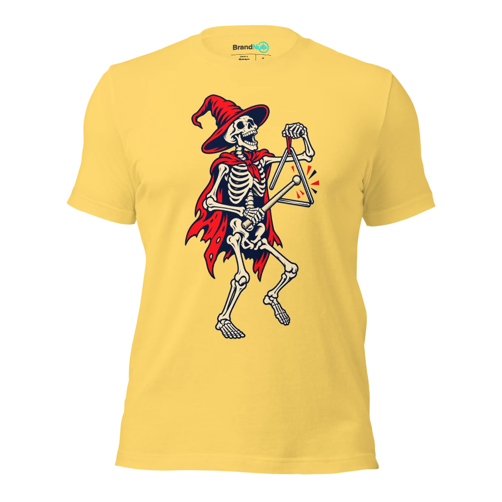 A skeleton playing a triangle with an oversized femur shaped beater T Shirt Yellow Front