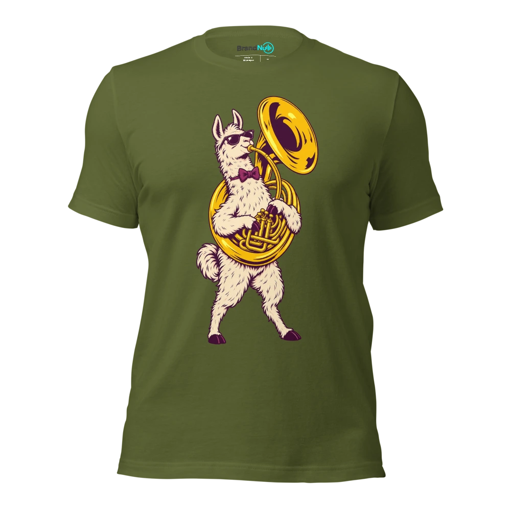 Llama wearing a bow tie and holding a sousaphone T Shirt Olive Front