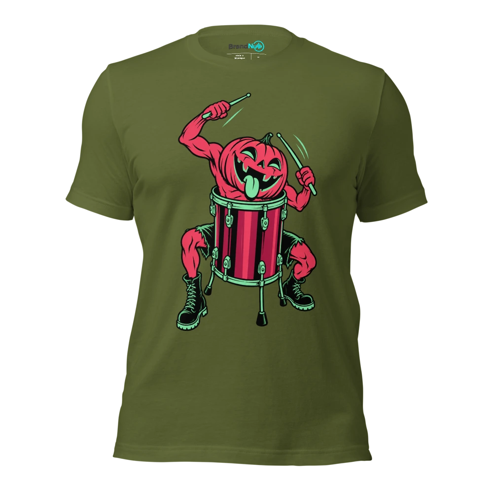 A pumpkin drummer discovering its head fits perfectly in a floor tom T Shirt Olive Front