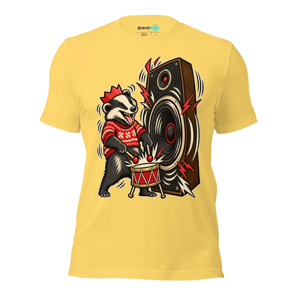 THE BADGER HAS BROUGHT FESTIVE DRUM AND BASS T Shirt Yellow Front