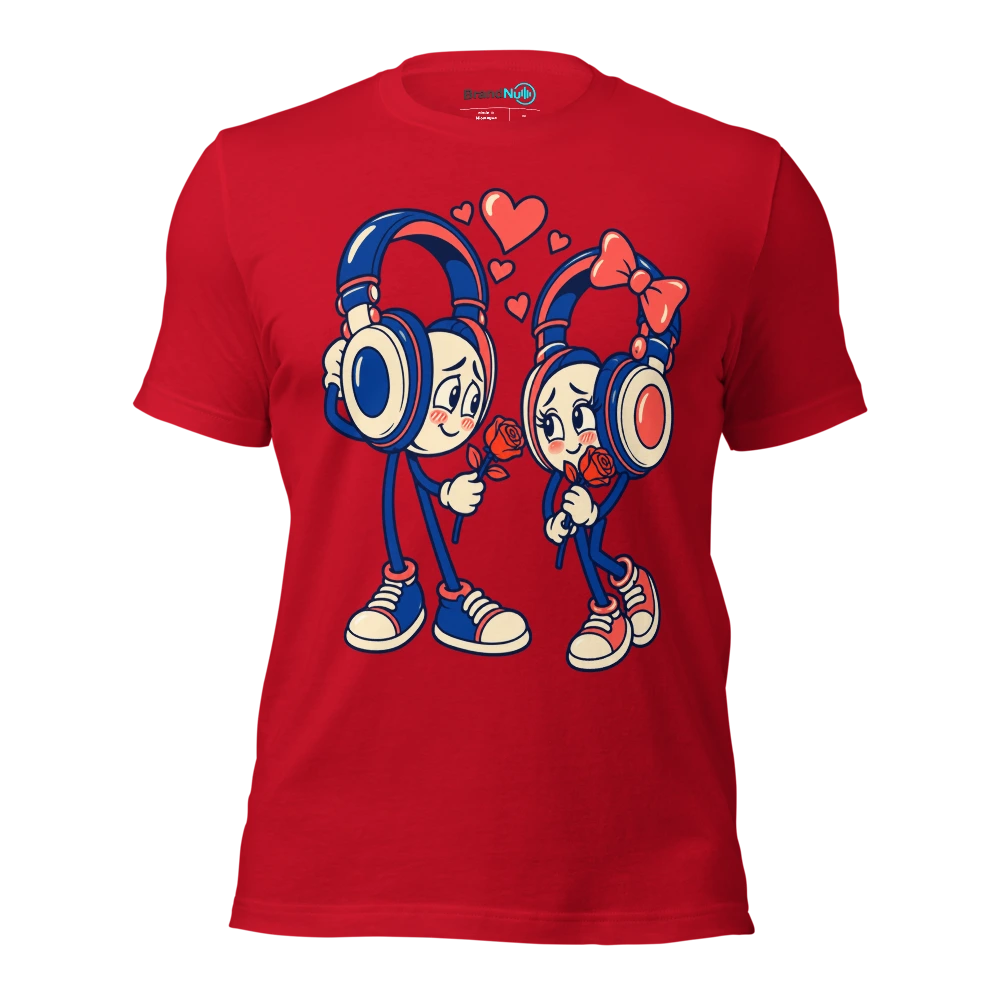 Two shy headphones offering each other a single rose T Shirt Red Front