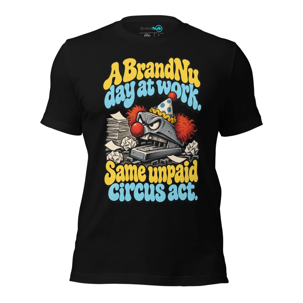 A BrandNu day at work. Same unpaid circus act T Shirt Black Front