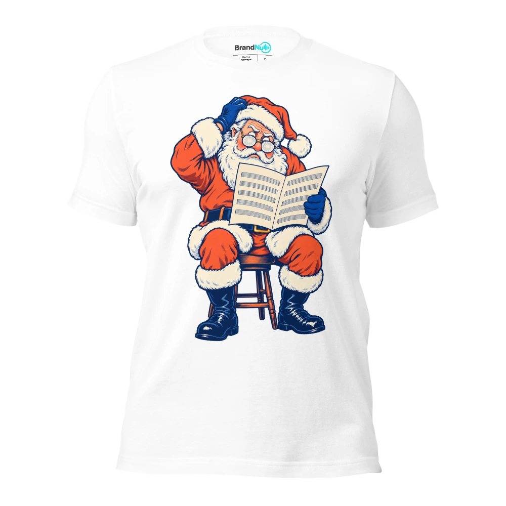 Santa reading blank sheet music through frosted glasses T Shirt White Front