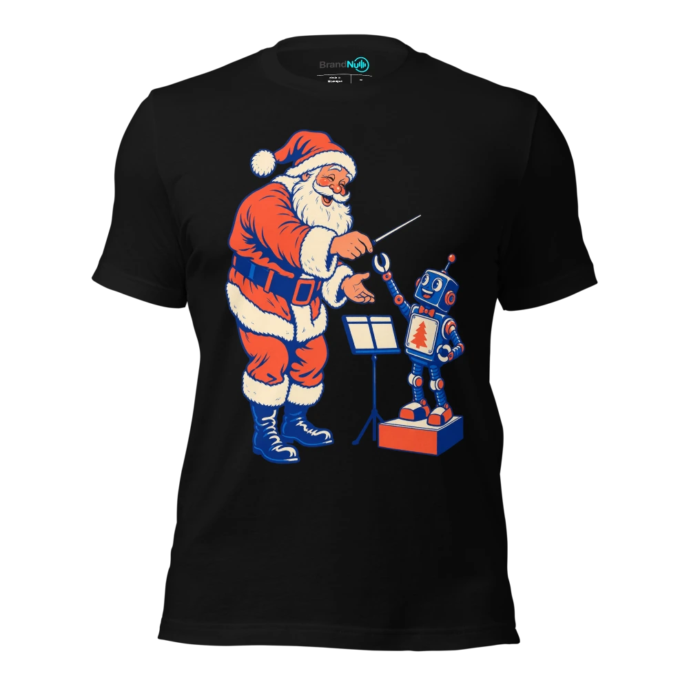 Santa conductor handing his baton to a toy robot T-SHIRT