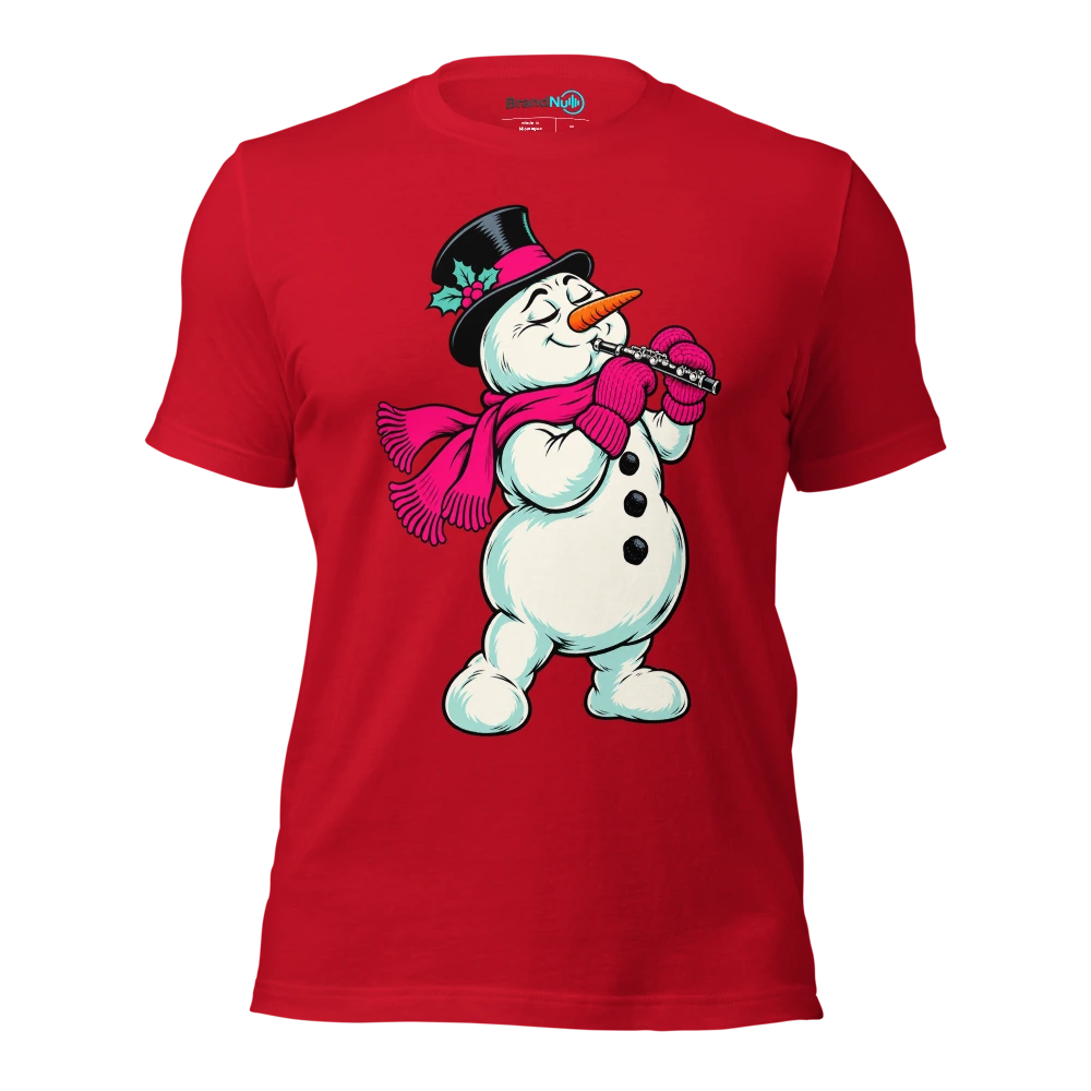 Snowman holding a piccolo with thick wool mittens T Shirt Red Front