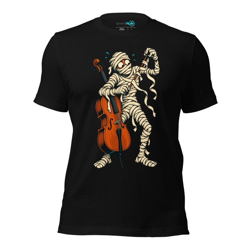 A mummy trying to unroll a cello bow from its bandages T Shirt Black Front