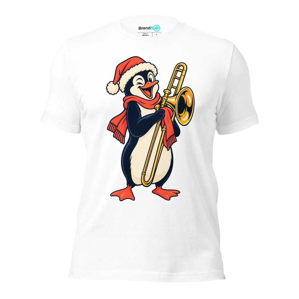 A penguin polishing a brass trombone with a scarf T Shirt White Front