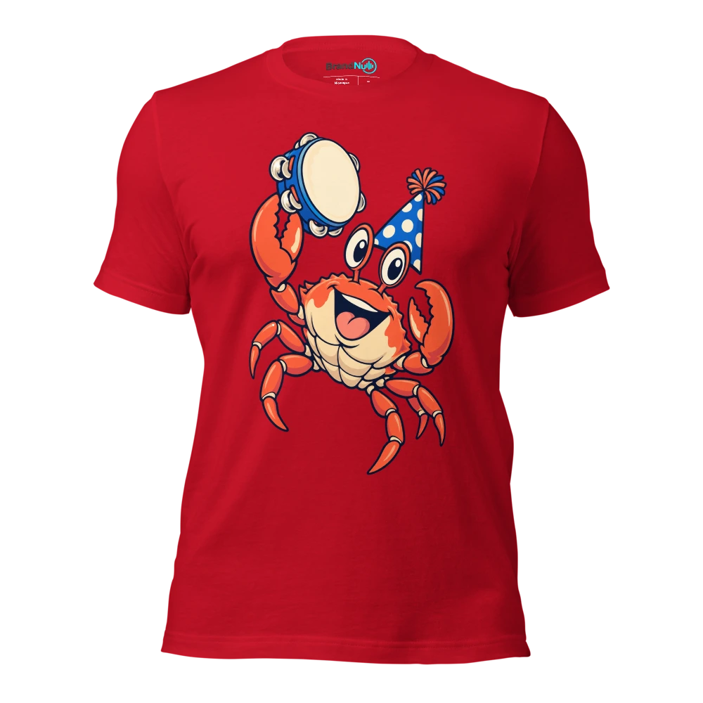 A crab proudly presenting a birthday tambourine T Shirt Red Front