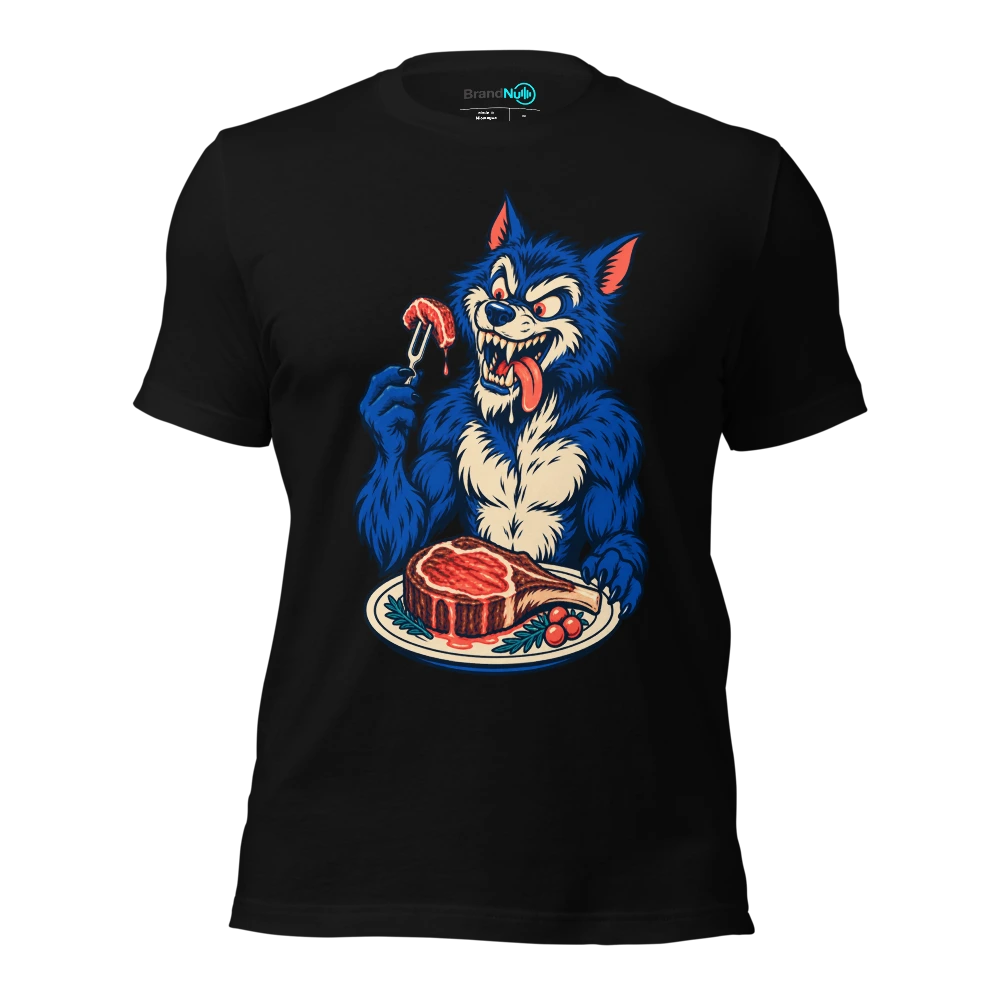 A werewolf using a tuning fork as a tiny dinner fork T Shirt Black Front