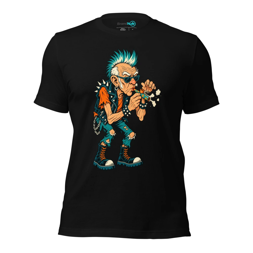 An elderly punk carefully blowing dust off a birthday kazoo T Shirt Black Front