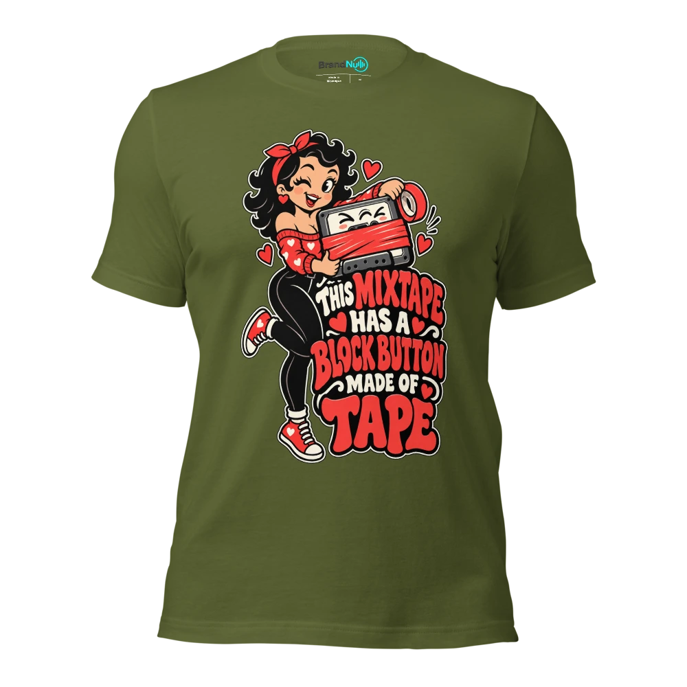 THIS MIXTAPE HAS A BLOCK BUTTON MADE OF TAPE T Shirt Olive Front