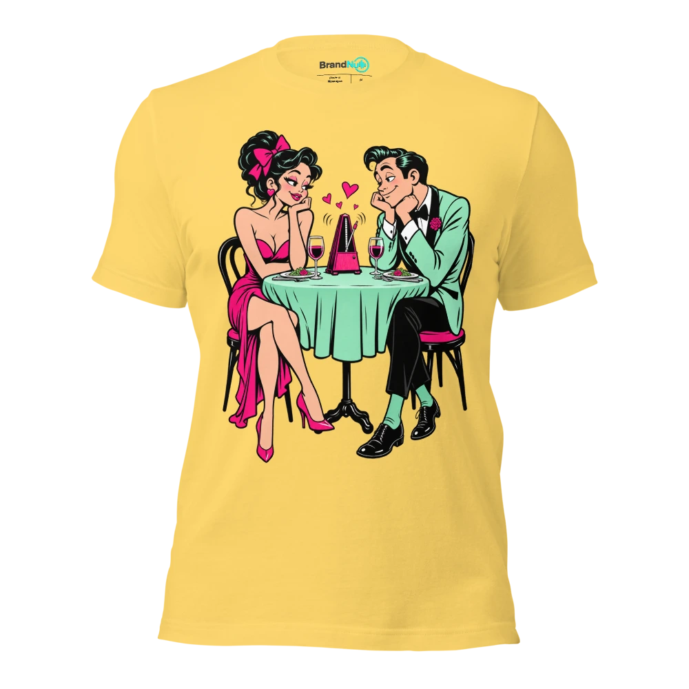 Couple watching a tiny metronome over dinner T Shirt Yellow Front