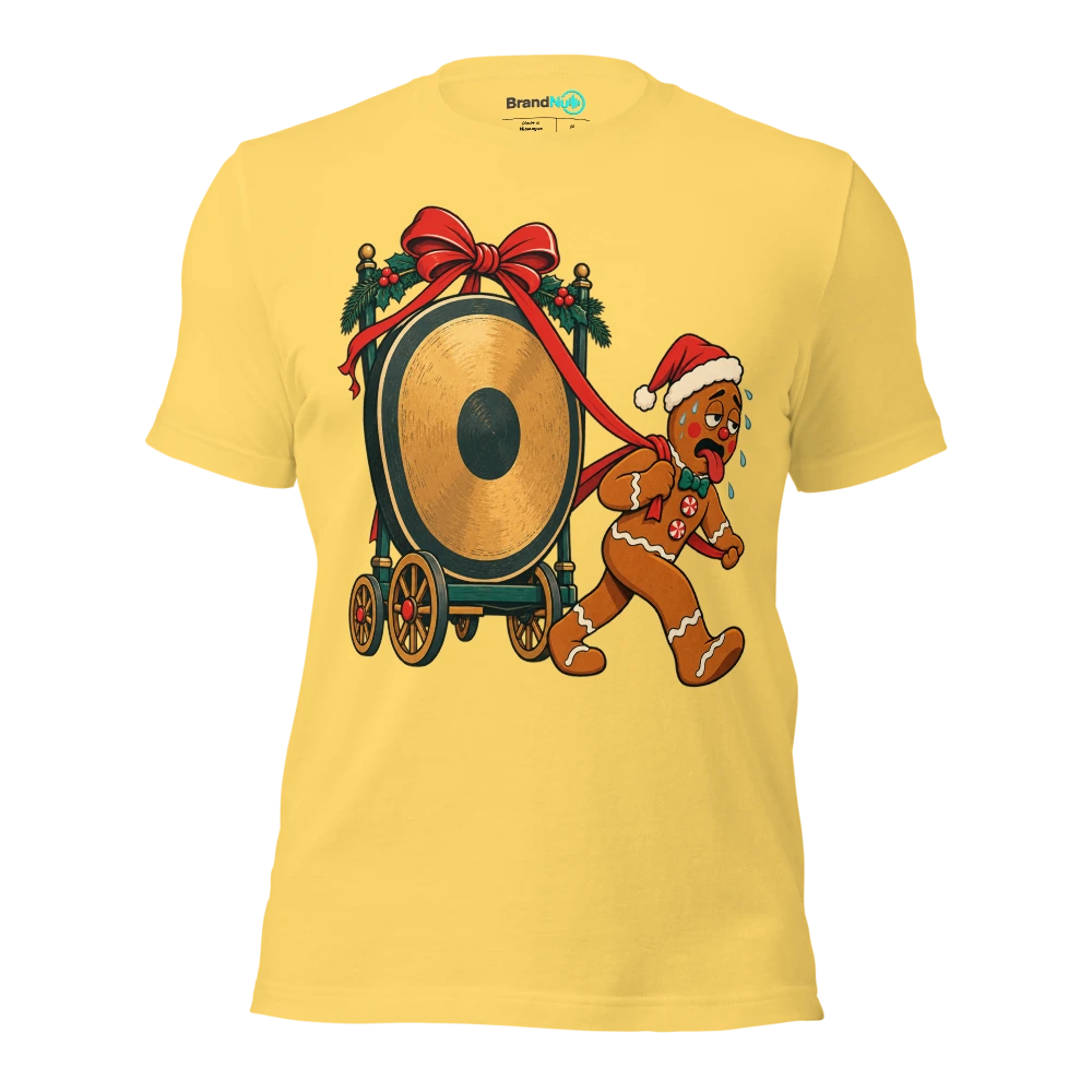 Gingerbread musician dragging a huge gong on a ribbon T Shirt Yellow Front