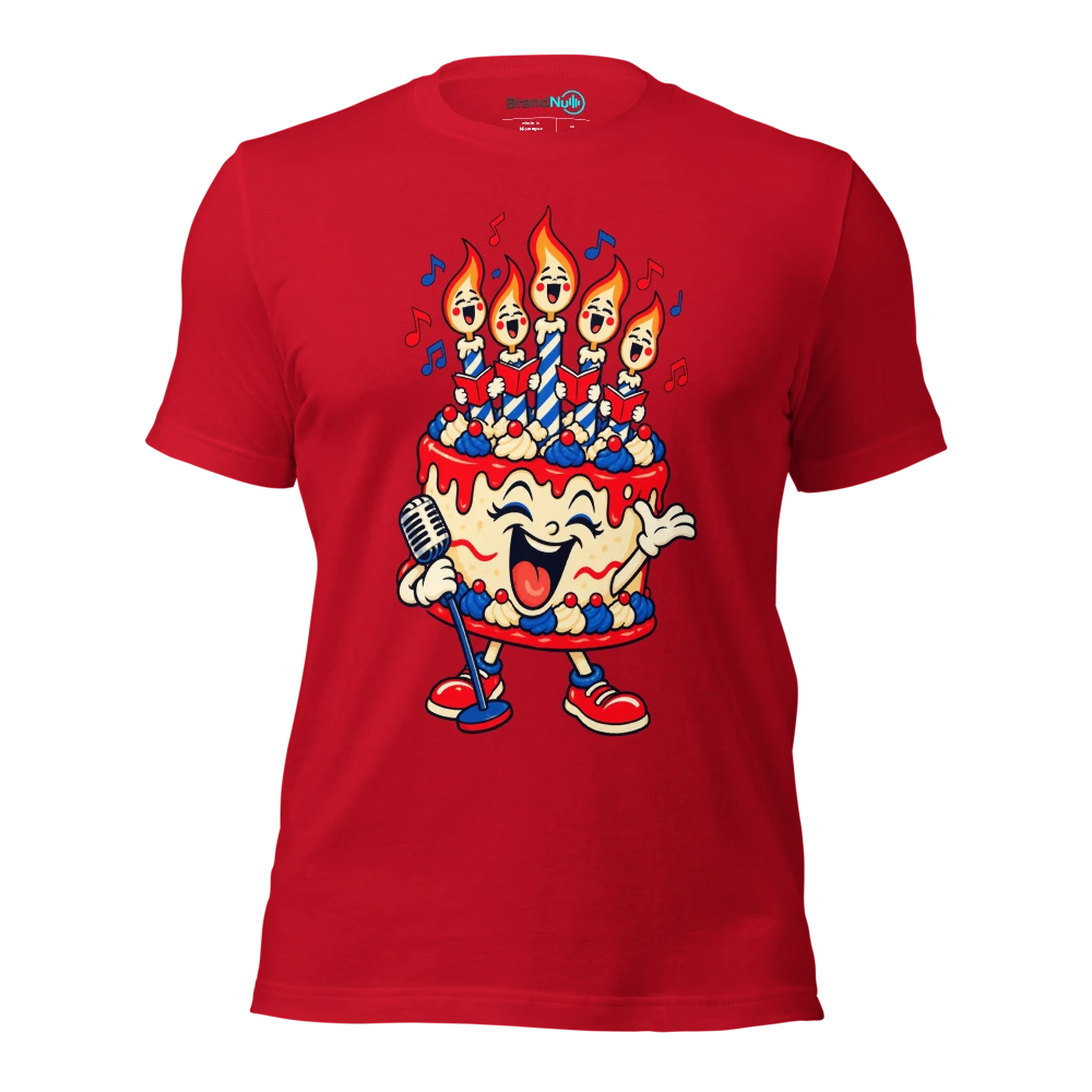 A birthday cake using candle flames as a tiny choir T Shirt Red Front