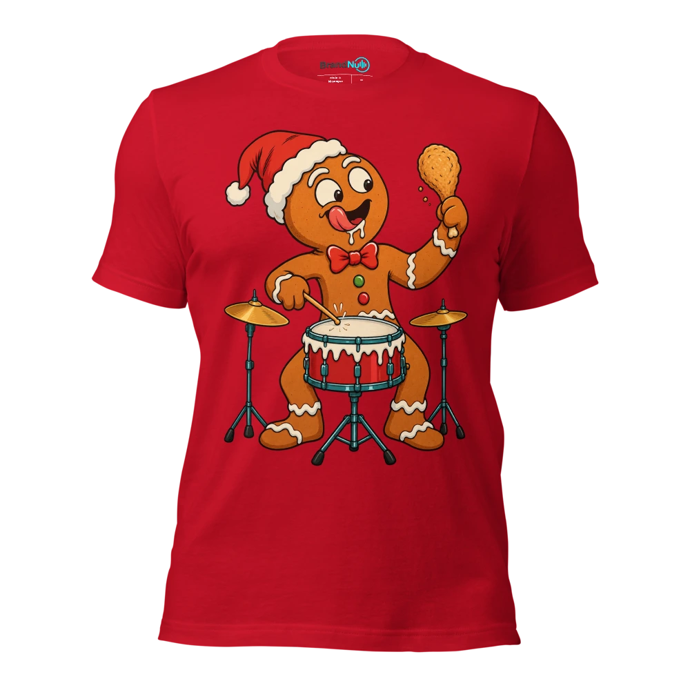 Gingerbread drummer staring at a drumstick shaped biscuit T Shirt Red Front