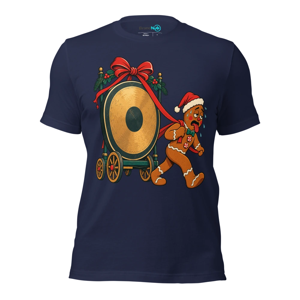 Gingerbread musician dragging a huge gong on a ribbon T Shirt Navy Front