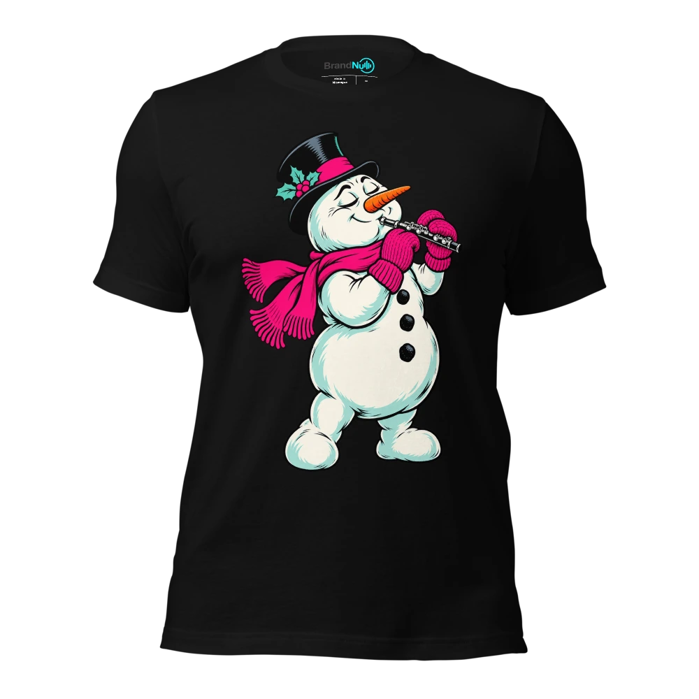 Snowman holding a piccolo with thick wool mittens T-SHIRT