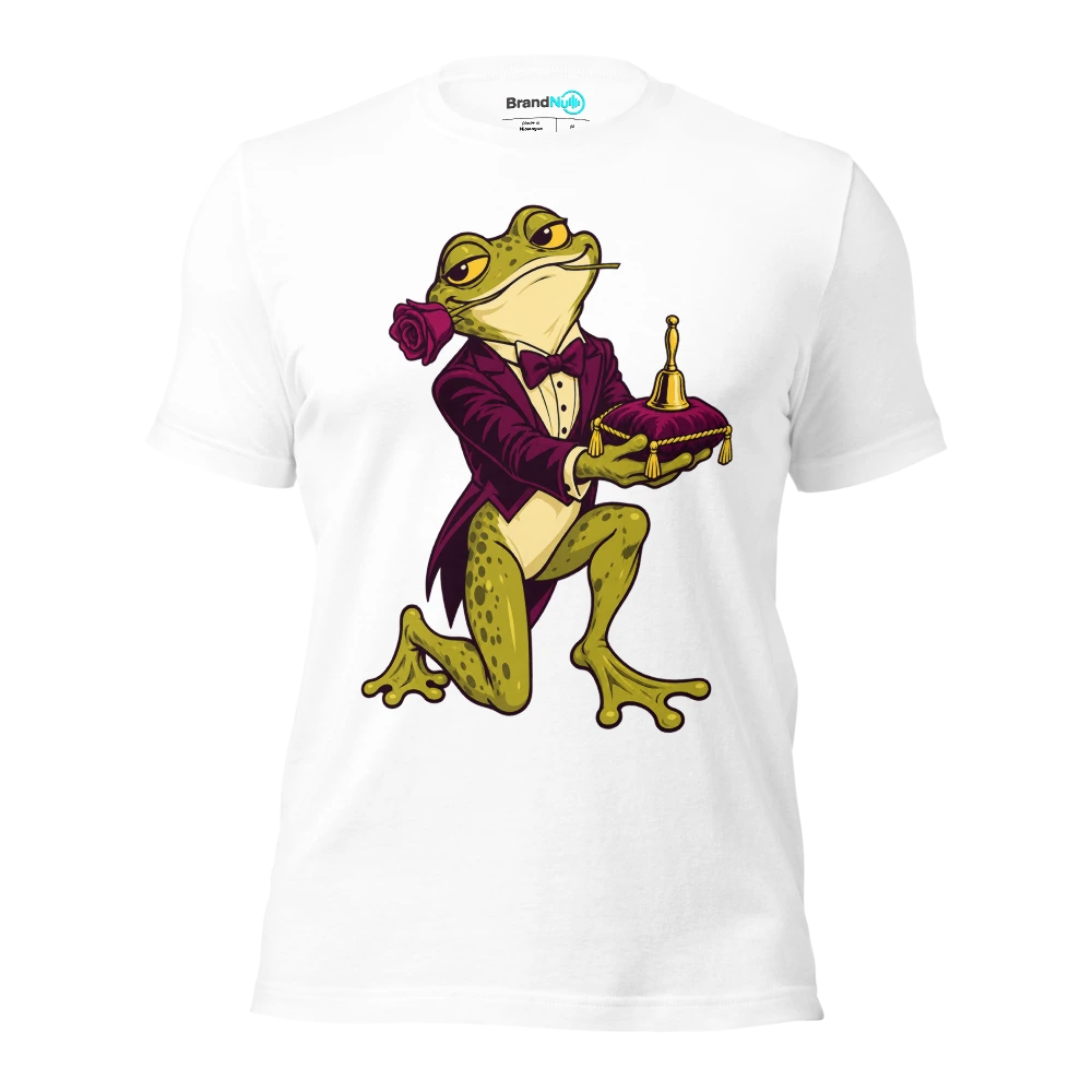 Frog offering a tiny handbell on a velvet cushion T Shirt White Front