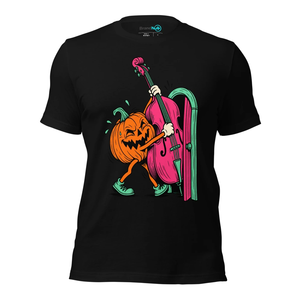 Pumpkin carrying a double bass through a tiny doorway T-SHIRT