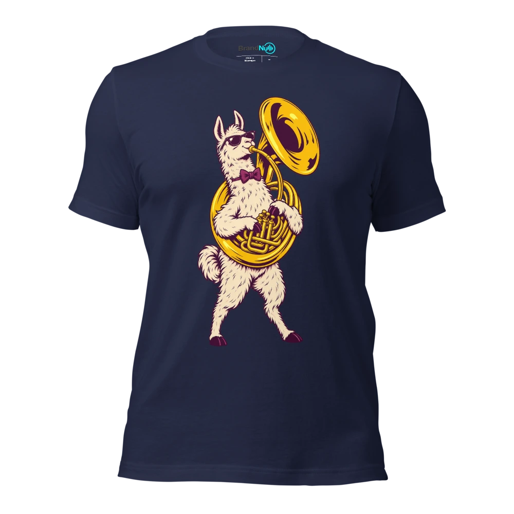 Llama wearing a bow tie and holding a sousaphone T Shirt Navy Front