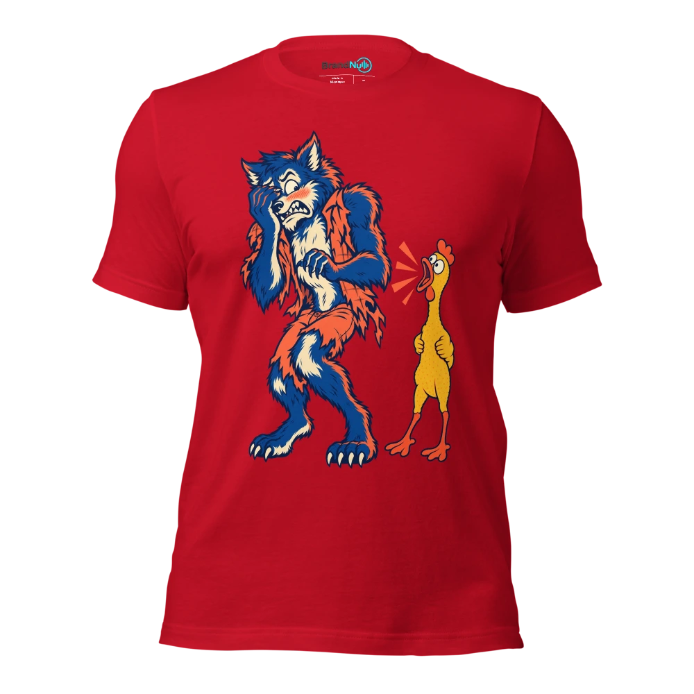 Werewolf embarrassed by a squeaky rubber percussion chicken T Shirt Red Front