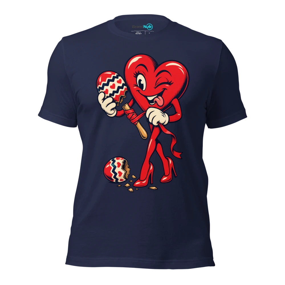 Heart mascot repairing a snapped maraca handle with ribbon T Shirt Navy Front