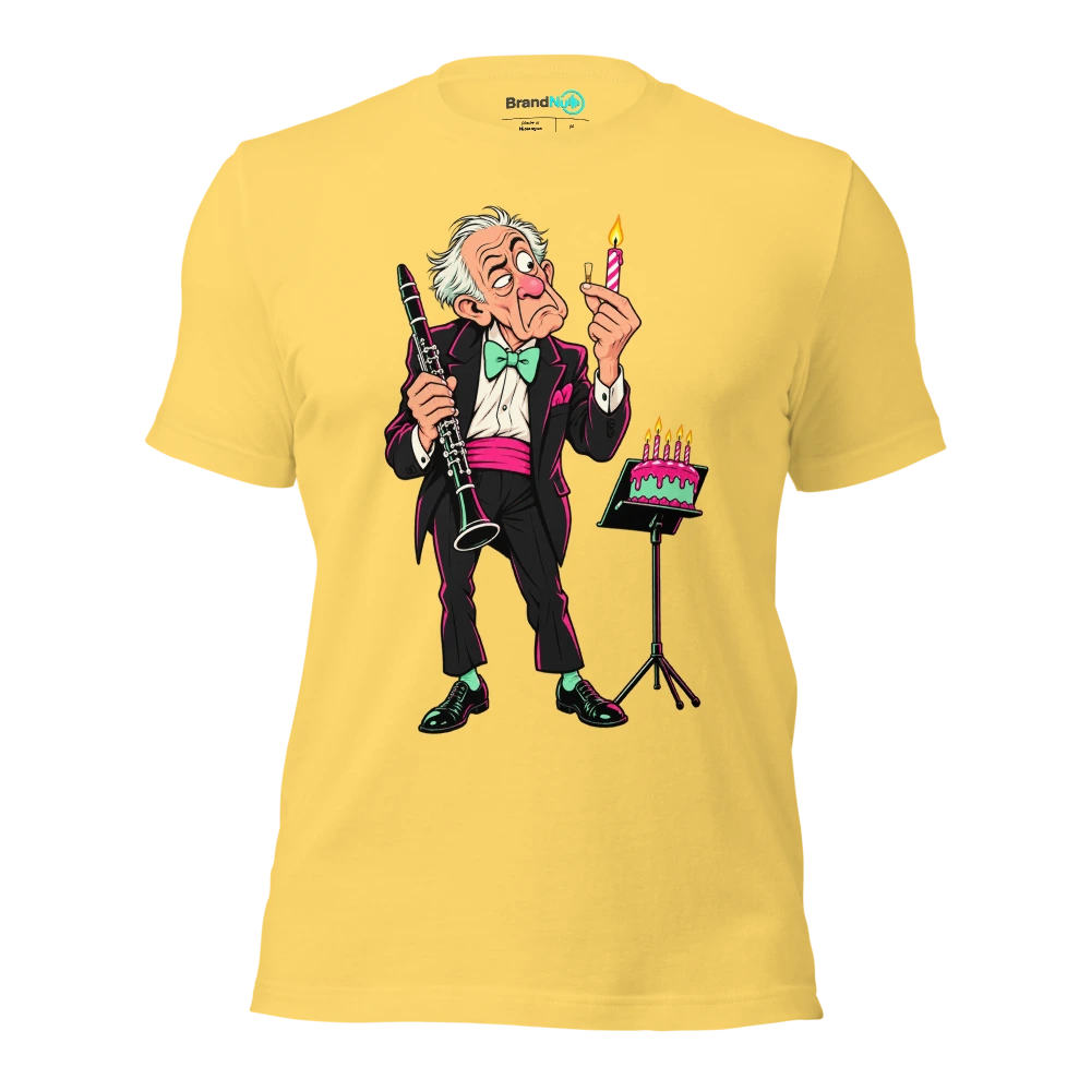 Older clarinetist comparing a candle to a tiny reed T Shirt Yellow Front