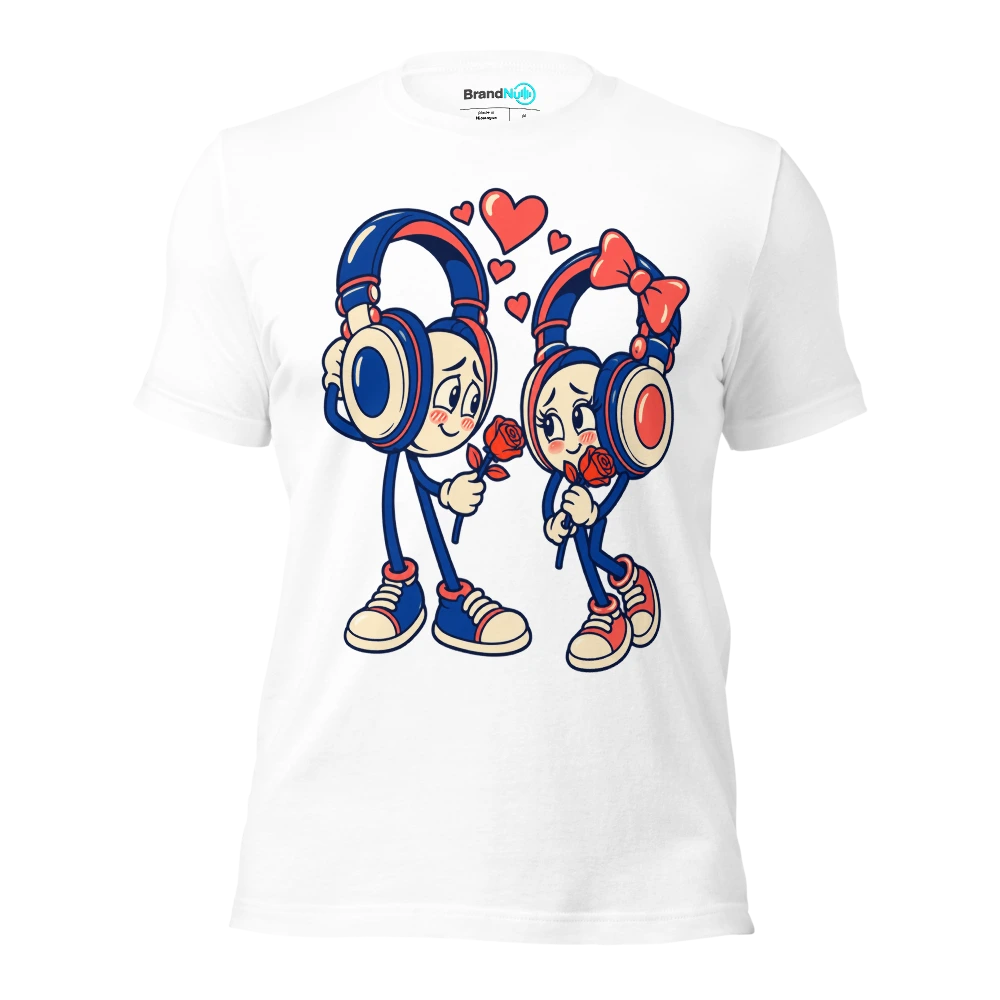 Two shy headphones offering each other a single rose T Shirt White Front
