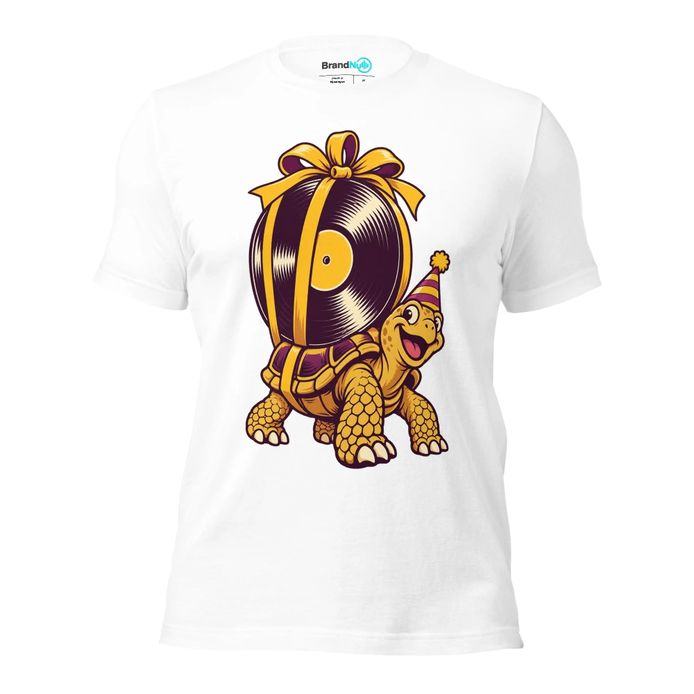 A tortoise carrying a massive blank vinyl record as a birthday present T Shirt White Front