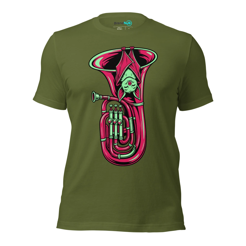 A bat sleeping upside down inside a tuba bell T Shirt Olive Front
