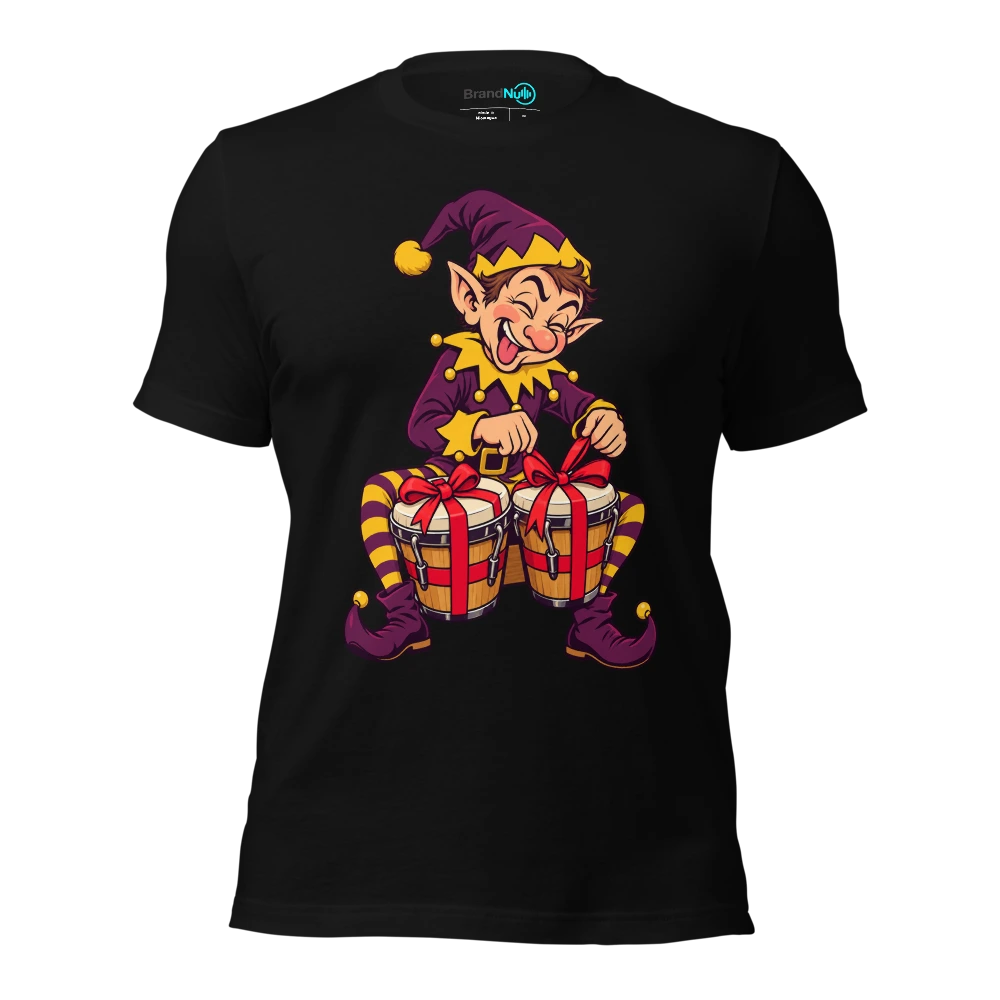 Elf tying gift bows around a pair of bongos T Shirt Black Front