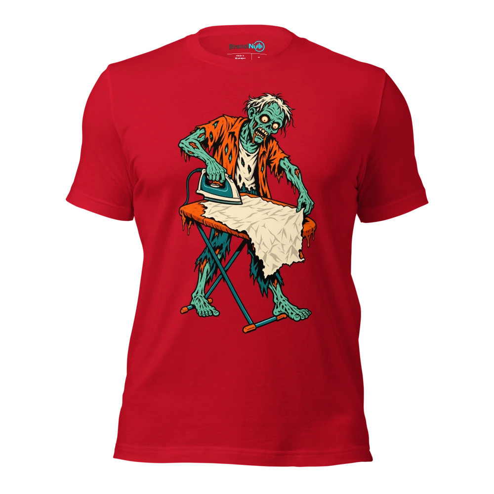 A zombie carefully ironing a crumpled blank gig poster T Shirt Red Front