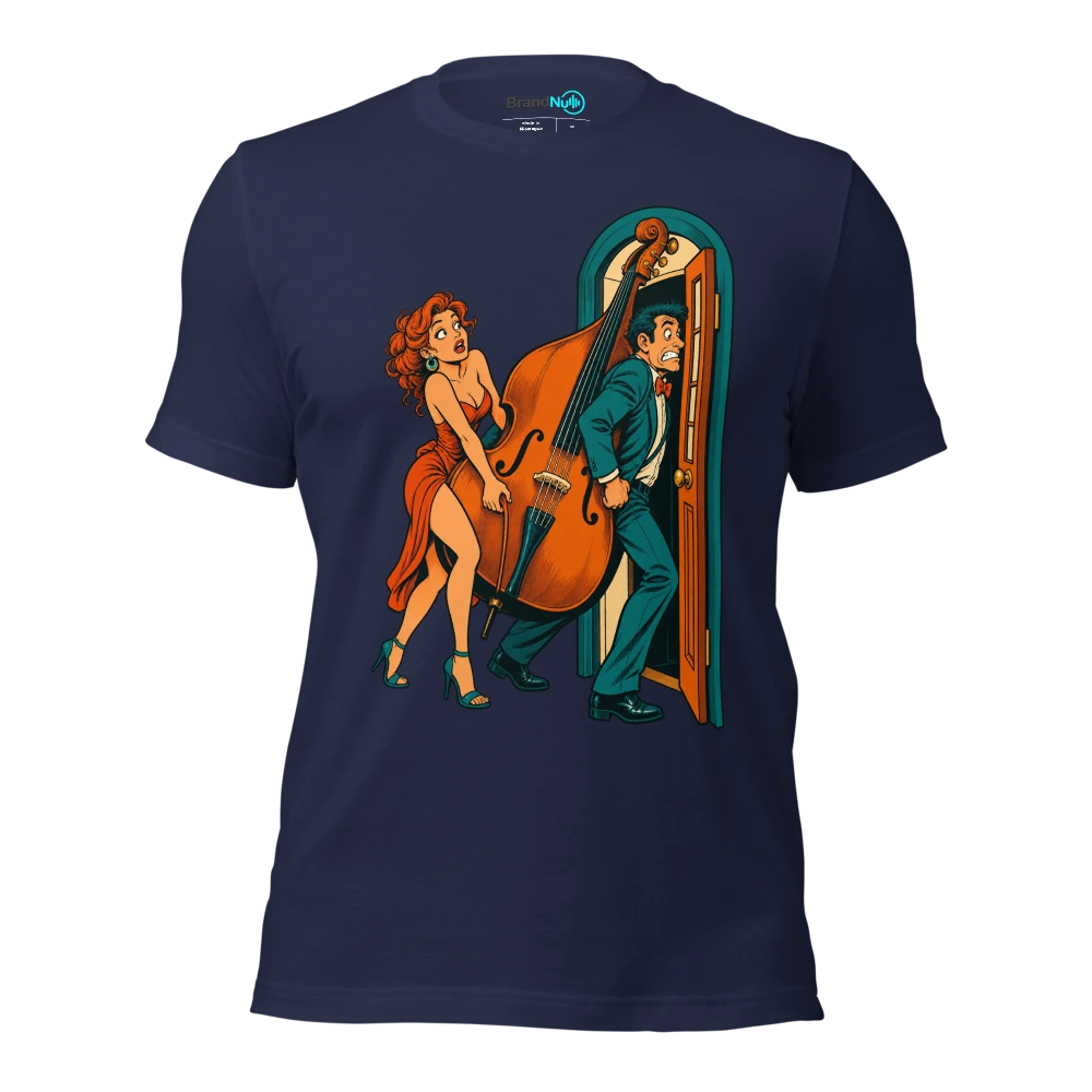 Couple trying to carry a double bass through a tiny restaurant door T Shirt Navy Front