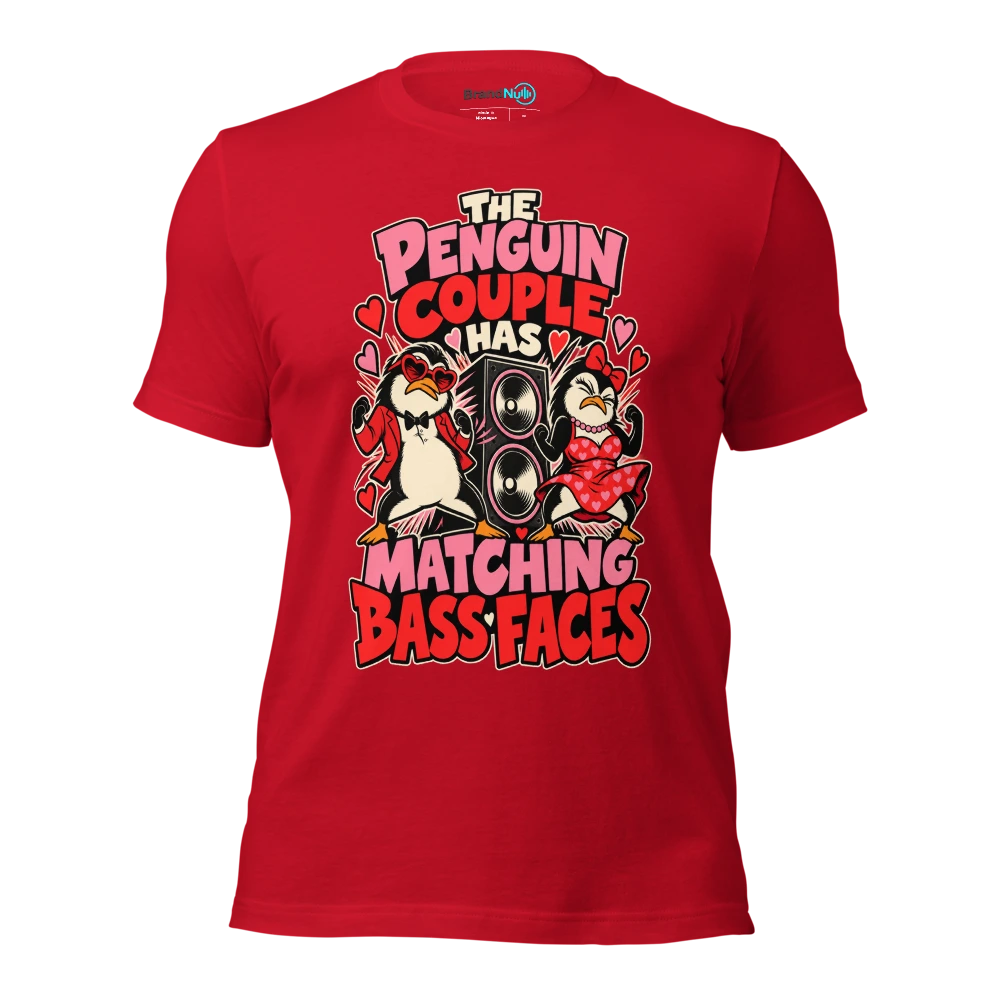 THE PENGUIN COUPLE HAS MATCHING BASS FACES T Shirt Red Front